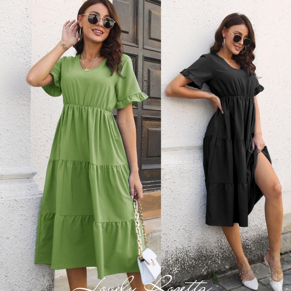 Green Ruffle Sleeve Midi Dress